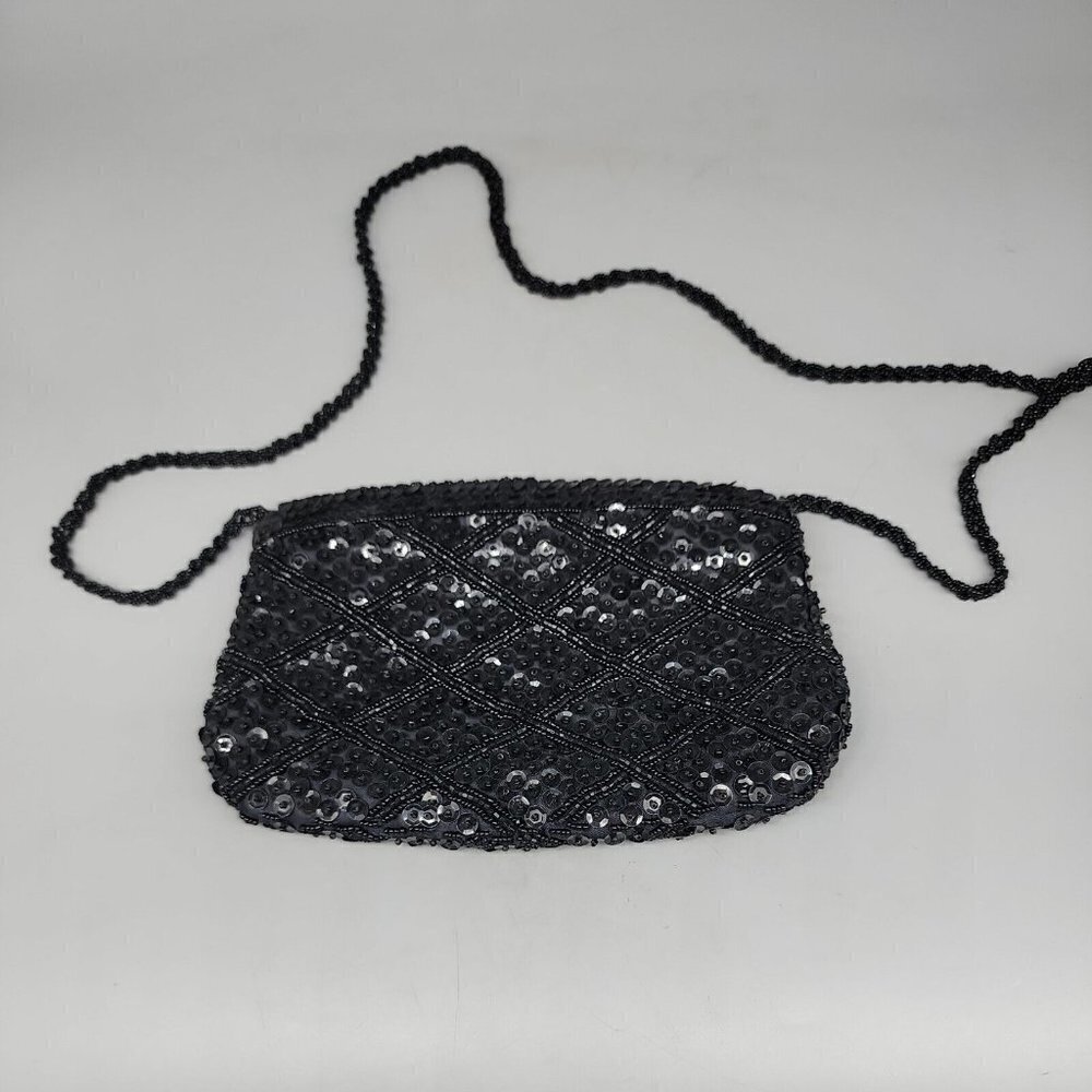 La Regale Beaded Black Evening Bag Shoulder Purse 5x8" zip sequin